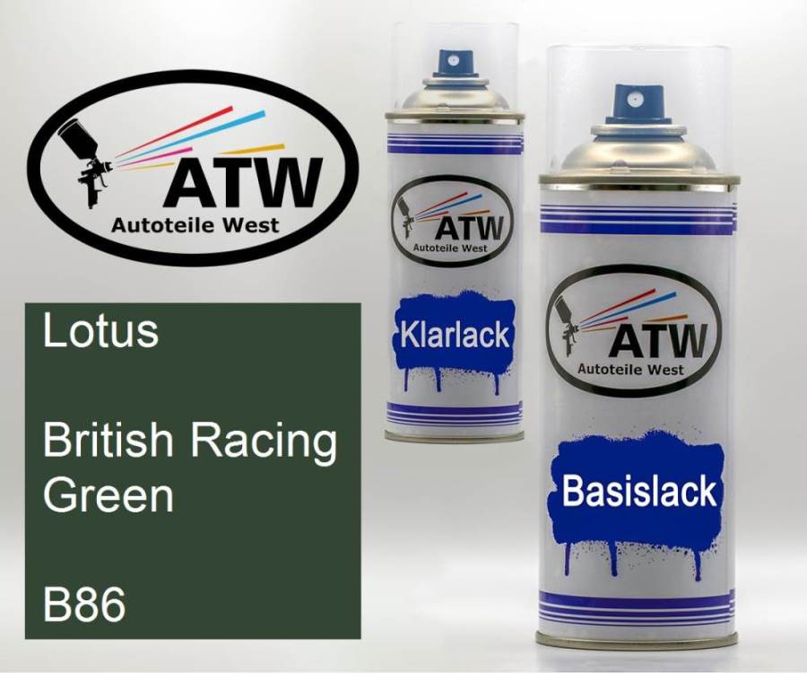 Lotus, British Racing Green, B86: 400ml Sprühdose + 400ml Klarlack - Set, von ATW Autoteile West.